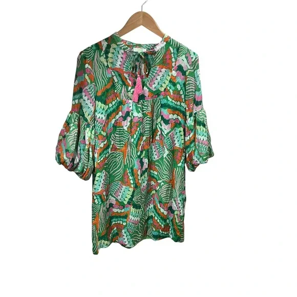 Jade Melody Tam Green Multi Abstract Balloon Sleeve Tunic Mini Dress Medium - Picture 11 of 12